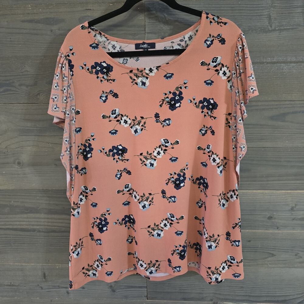 Angels Forever Young Women's 2X Pink Floral Short Sleeve Blouse Plus Size Casual
